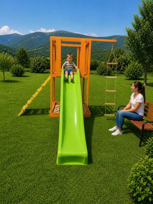 Детска площадка с пързалка и въжено катерене;Дървен детски кът за градина и двор;Детски комплекс за игра с пързалка, пясъчник и въжета