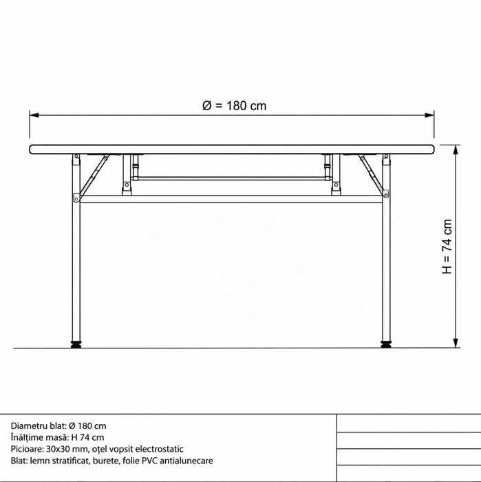 Masă rotundă pliabilă 180 cm, blat din lemn / evenimente / HORECA