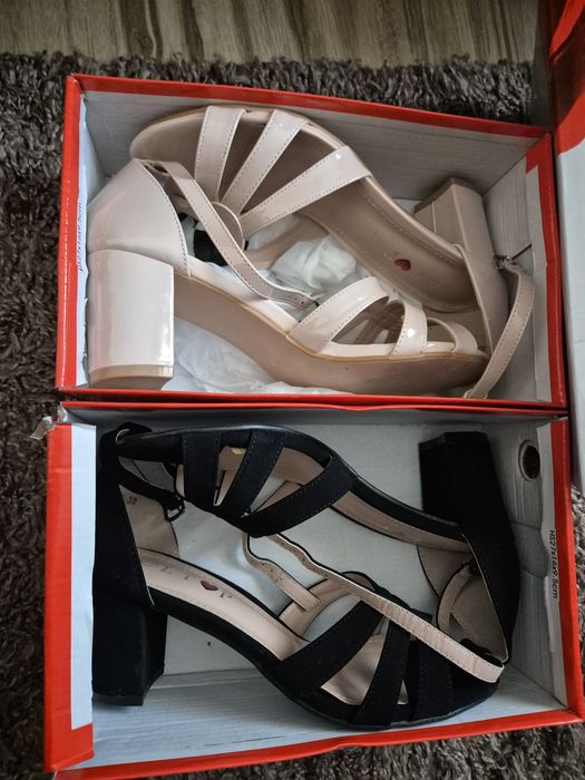 Sandale negre/crem toc gros