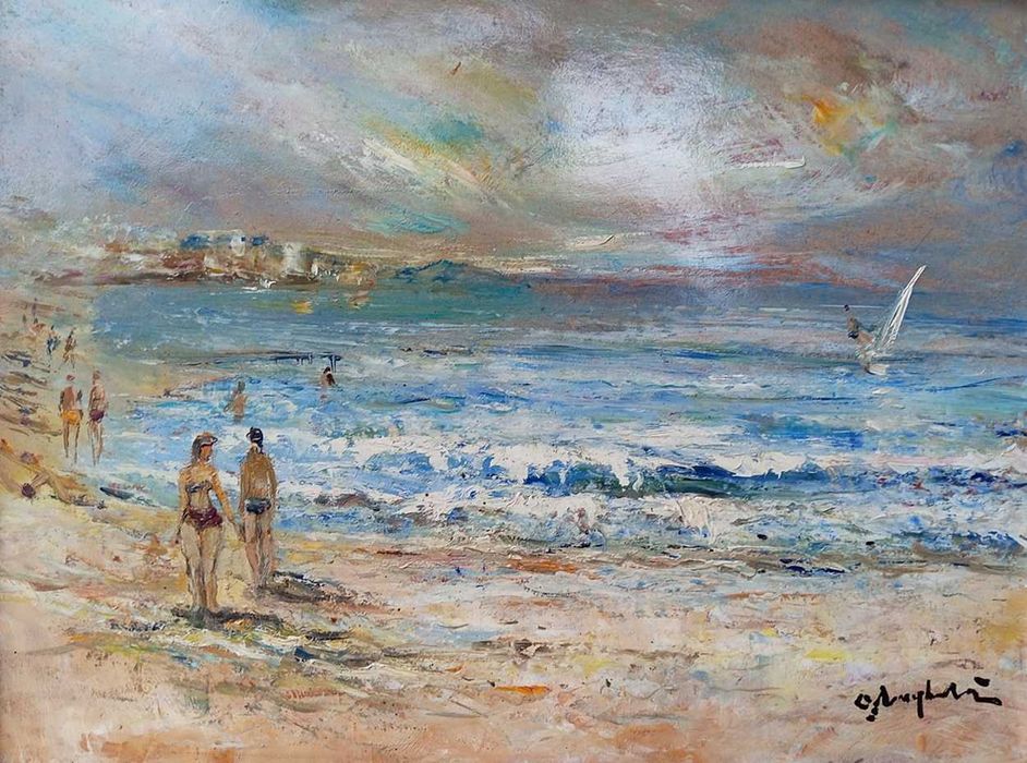 Tablou vechi - peisaj marin - semnat O Anghelutza