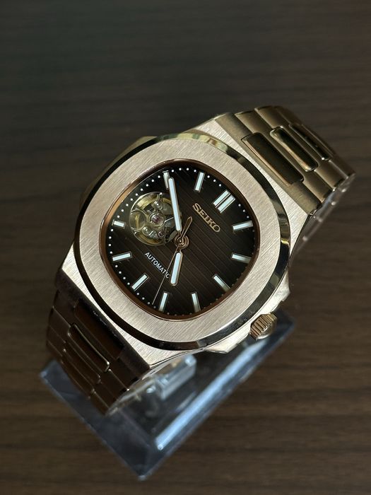 Ceas Seiko Nautilus Open Heart Rose Gold Chocolate Mod