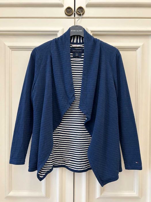 Cardigan damă Tommy Hilfiger bleumarin, bumbac și viscoză, model deschis cu interior în dungi, Mărimea L