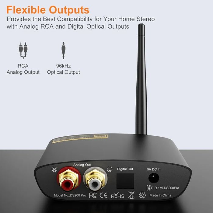 1Mii DS200Pro Bluetooth 5.3 Receiver Built-in DAC, Long Range, Optical & RCA Outputs