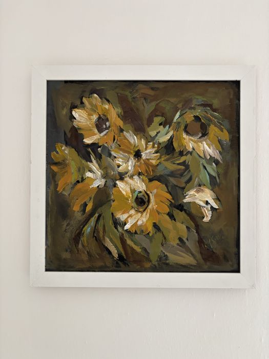 Tablou pictat manual – Floarea-soarelui – pânză pe șasiu de lemn, înrămat – 45 × 45 cm