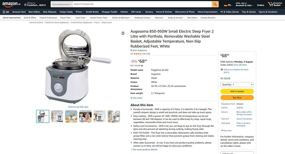 REDUS de la 315 RON, Friteuza electrica 1200-1450 W, 90°C - 190°C, cu fereastra de vizitare , capacitate 2L, ideala 1-2 persoane