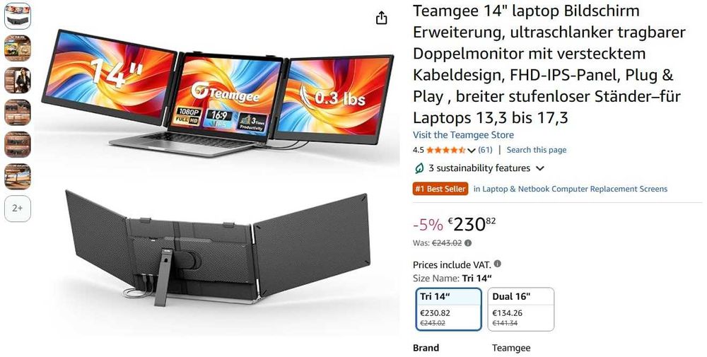 Extensie ecran laptop de 14", monitor dual portabil ultra-subțire cu design ascuns pentru cabluri, panou IPS FHD, plug & play -  de la 13,3 la 17,3"