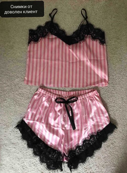 Сатенена пижама 2 части розова къси панталони топ