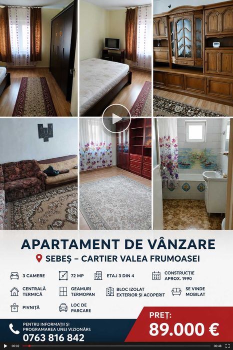 Apartament 3 camere de vanzare Sebes, cart. Valea Frumoasei, jud. Alba