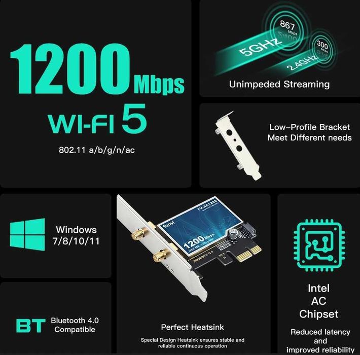 Placa wireless FV-AC1200 Dual Band 2.4Ghz/5Ghz 802.11AC + Bluetooth4.0