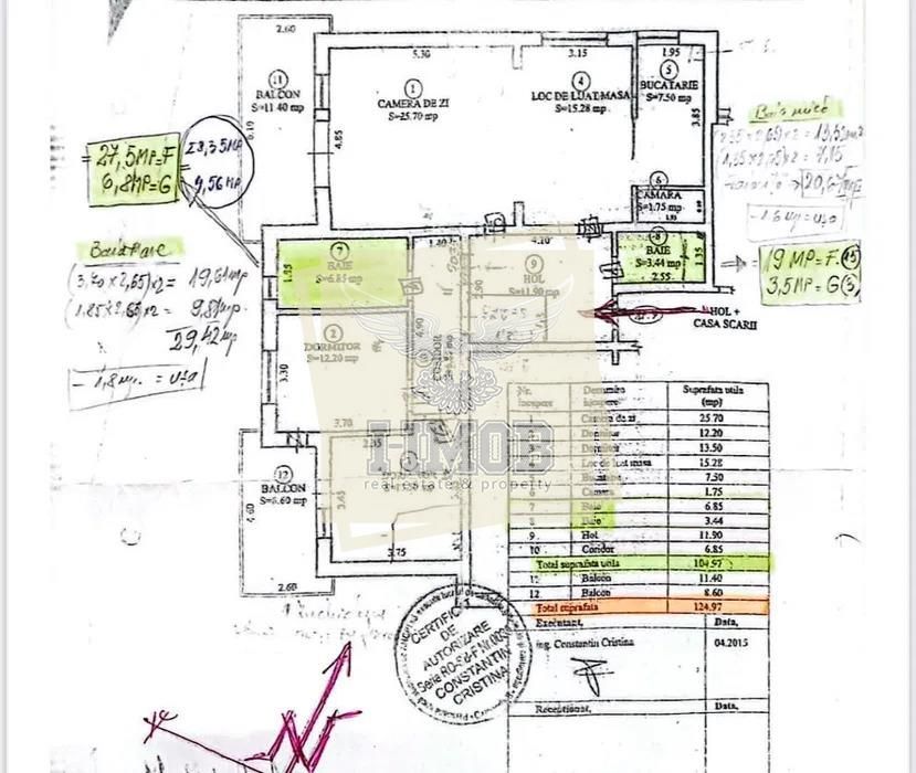 Apartament  decomandat cu 3 camere 2 bai de 105 mp utili