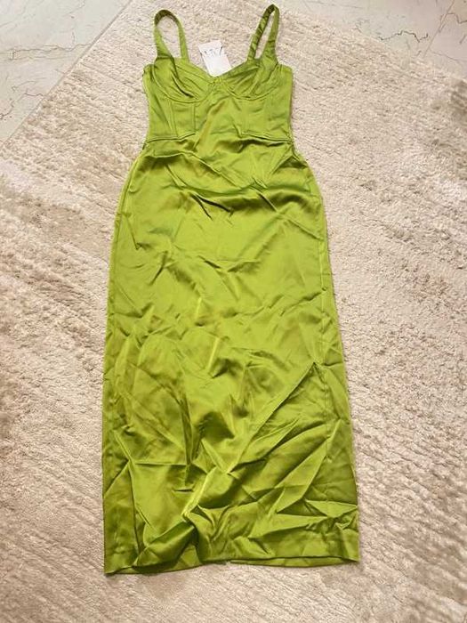 Rochie ZARA verde lime XS corset midi stramt bra cups fistic satin nou