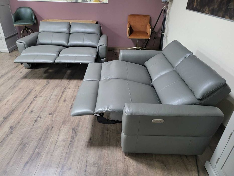 Сив кожен комплект дивани две двойки с електрически релакс механизъм