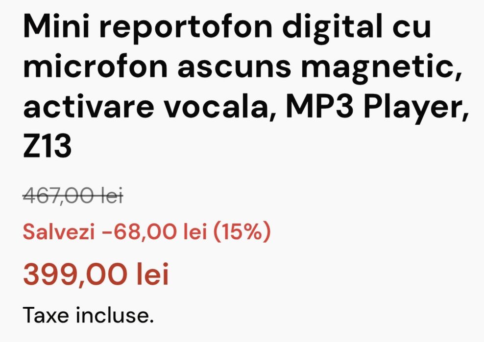 Mini reportofon magnetic cu microfon ascuns, activare vocala, MP3 Player