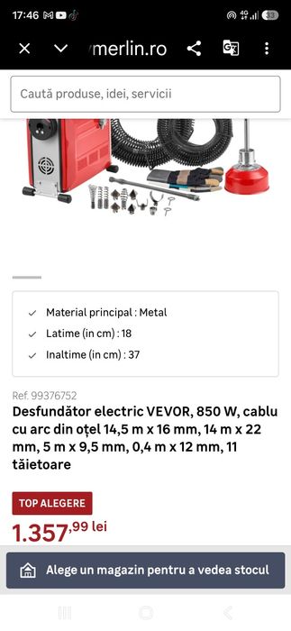 Desfundător electric , 500 W, cablu cu arc din oțel