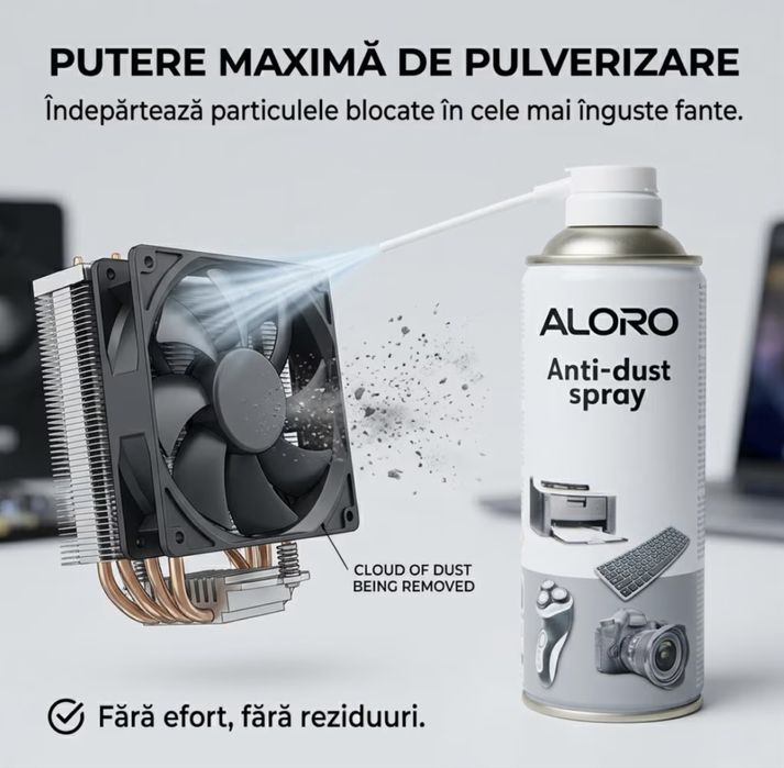 Spray cu Aer Comprimat pentru Curatare Electronice si PC, Aloro®, 400 ml, Jet Puternic, Ideal pentru Tastaturi, Laptopuri si Componente IT