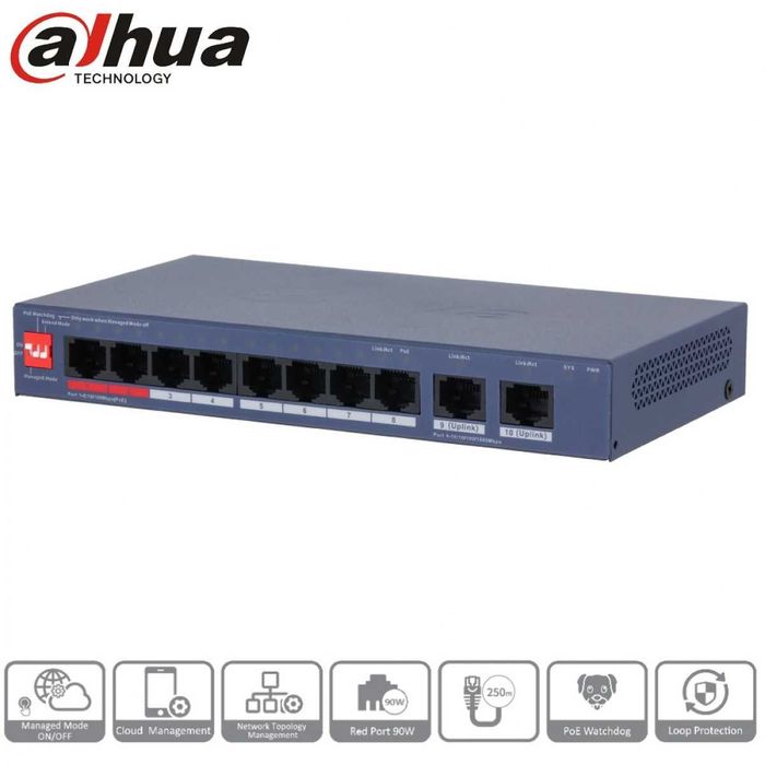 Switch 8 porturi PoE Dahua CS4010-8ET2GT-110 2xUpLink Gigabit management Nou