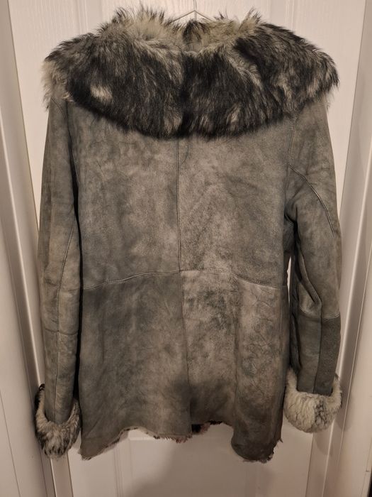 Cojoc Iarna, gri, blana naturala si piele intoarsa