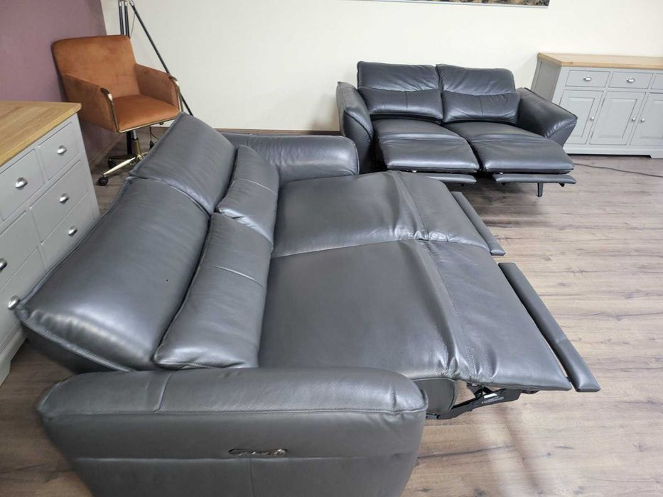 Сив кожен комплект дивани тройка и двойка с ел. релакс механизъм