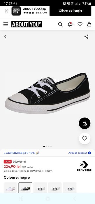 CONVERSE Tenisi tip balerini negri cu siret Chuck Taylor, adidasi NOI!