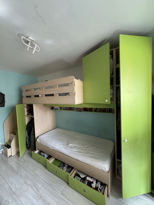 Pat supraetajat + dulap + depozitare completă | Set mobilier cameră copii/adolescenți