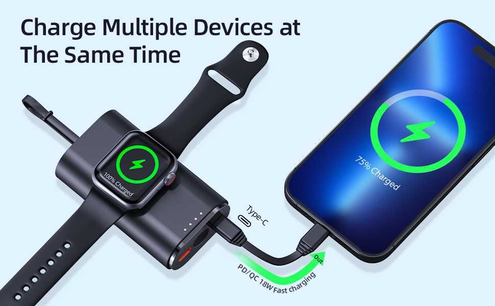 Преносимо зарядно устройство за часовник и телефони за Apple