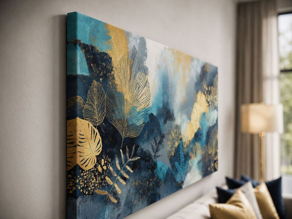 Tablou canvas Grădina de aur, abstract cu frunze aurii, albastru, 80×45 - 140×78 cm