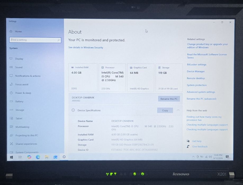 Laptop Lenovo X201 I5 M540 4GB SSD 120