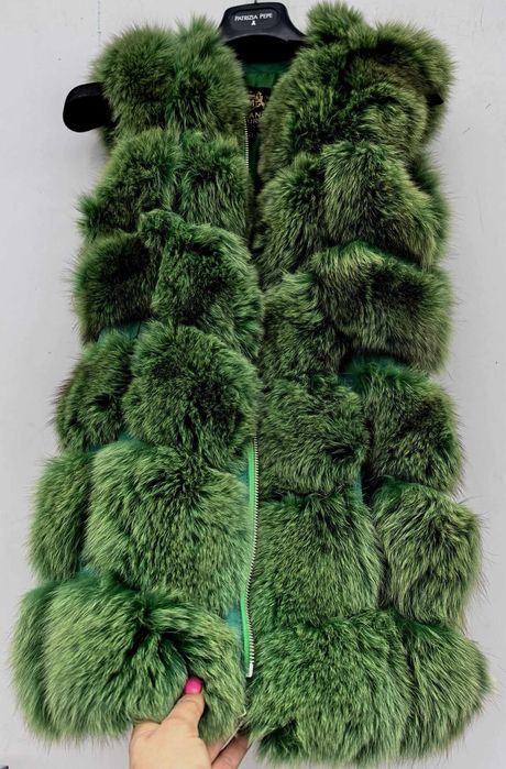 Естествен косъм от лисица и естесвена кожа уникален дамски елек М/Л ра