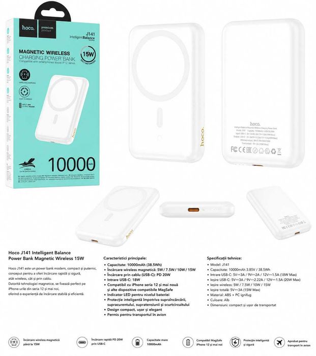 Magnetic Wireless Power Bank 10000mAh, 15W, PD 20W, Alb