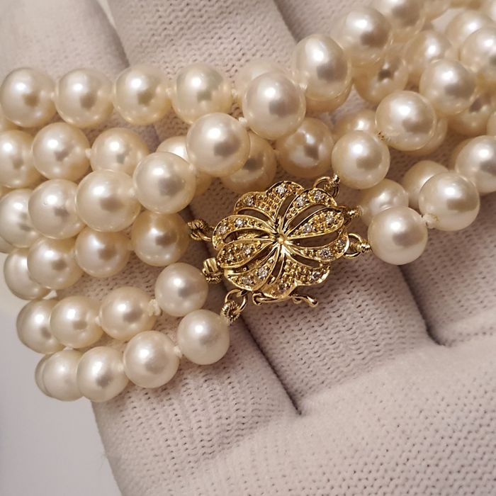 colier triplu perle naturale inchizatoare aur 14k cu diamante naturale