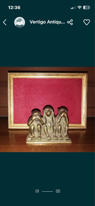 Антикварен арт бронзов плакет миниатюра на трите мъдри маймунки патина