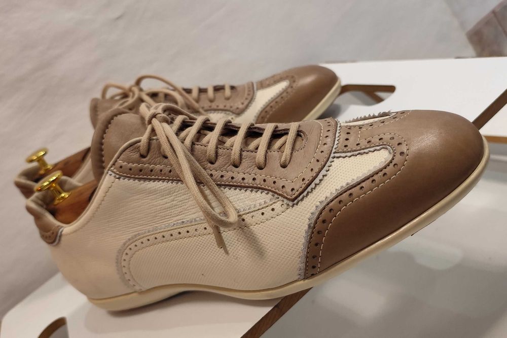Pantofi casual de lux 43 43.5 SANTONI piele naturala moale alb bej camel