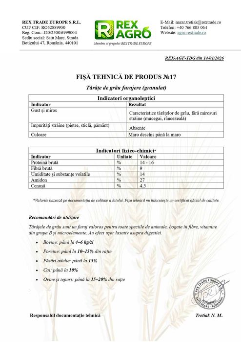 Tărâțe de grâu vrac furajer | Livrare rapidă