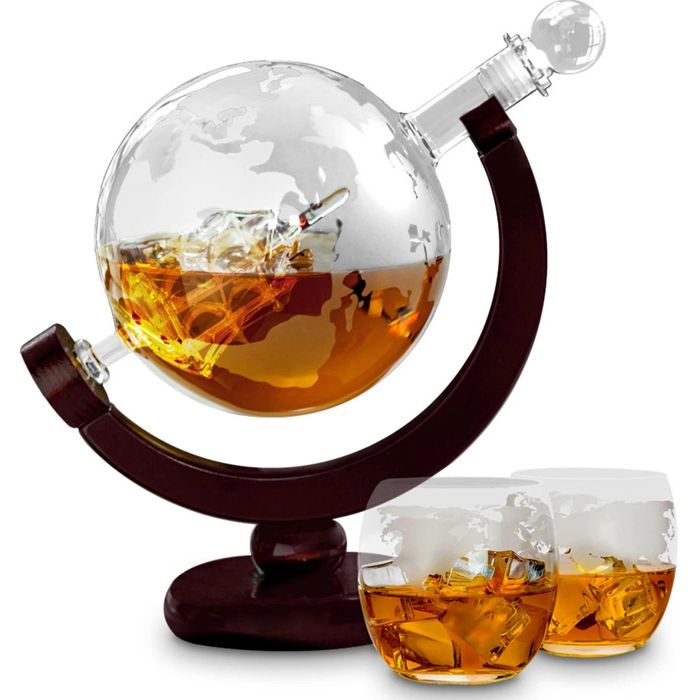 Set cadou Decantor Glob Pământesc pentru whisky, cu 2 pahare și accesorii