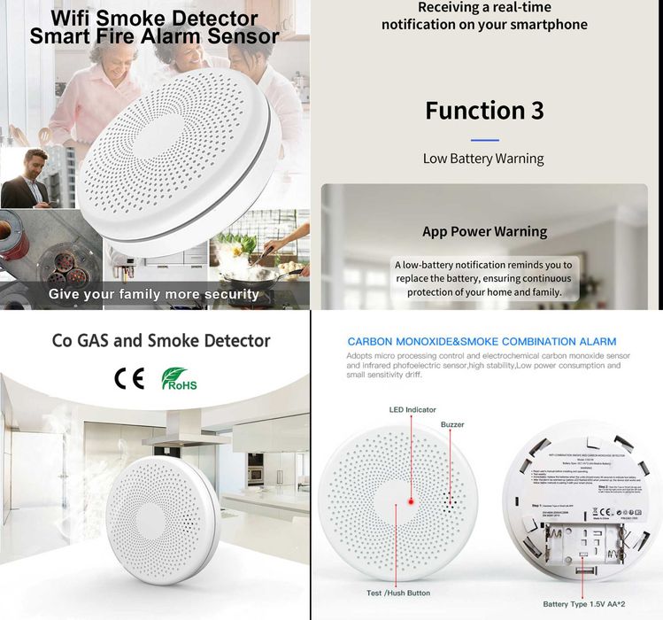 Detector Smart CO + fum tigara + alarma wifi pe telefon. Nou!