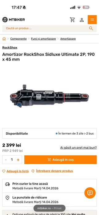 Vand Amortizor RockShox Sidluxe Ultimate 2P, 190 x 45 mm