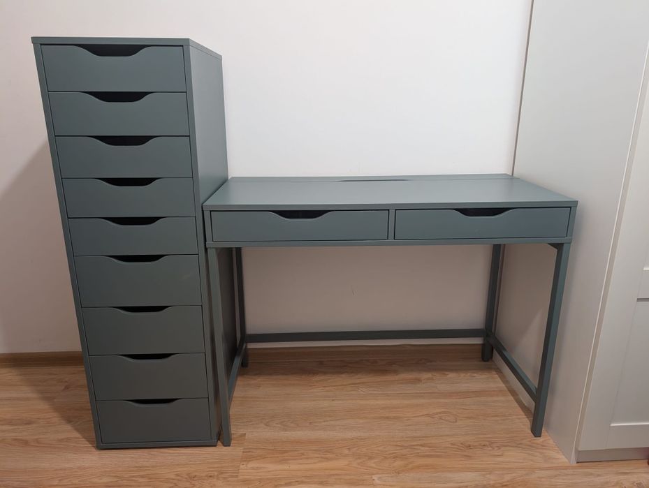 Set birou Ikea Alex, birou + dulap cu sertare, culoare gri inchis-turcoaz, in stare buna
