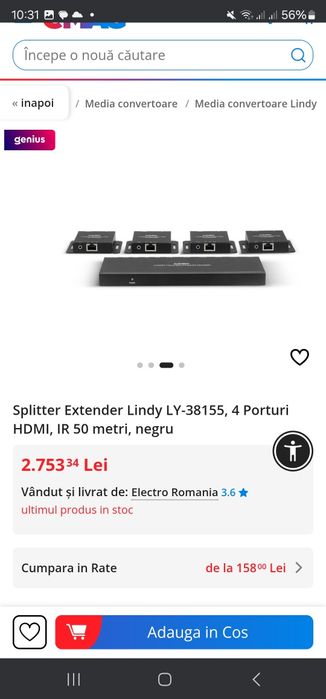 Splitter Extender Lindy LY-38155, 4 Porturi HDMI, IR 50 metri, negru