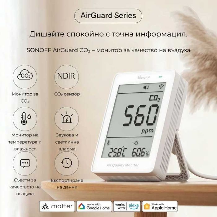 SONOFF SAWF-08P – Смарт монитор за CO₂, температура и влажност с Matter