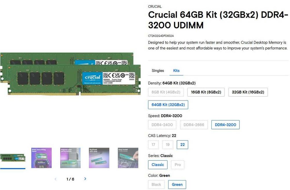 Kit RAM Desktop Crucial 128GB DDR4 3200MHz