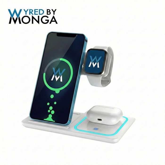 Statie Incarcare Wireless 3-in-1 Pliabila Wyred by Monga Qi 15W Alb
