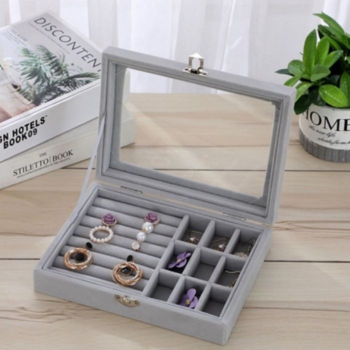 Кутия за бижута, сива, стъклен капак