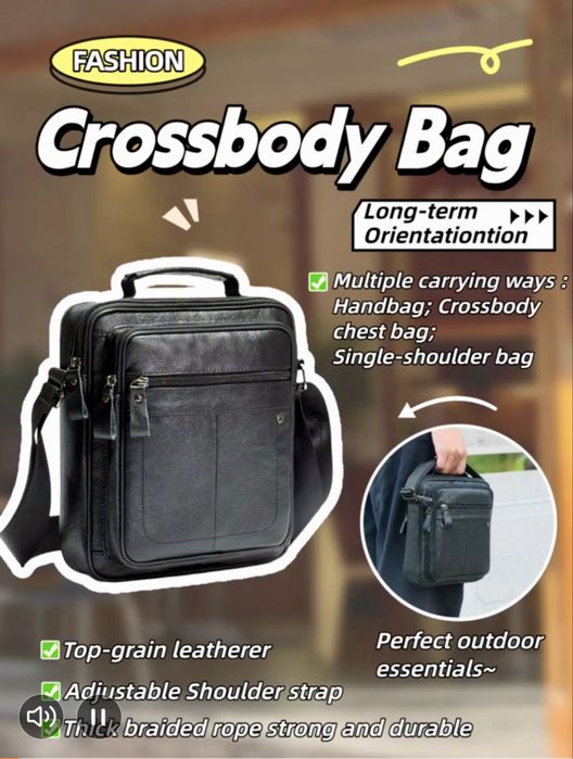 Мъжки елегантни кросбоди чанти с два размера /Черна естествена кожа!