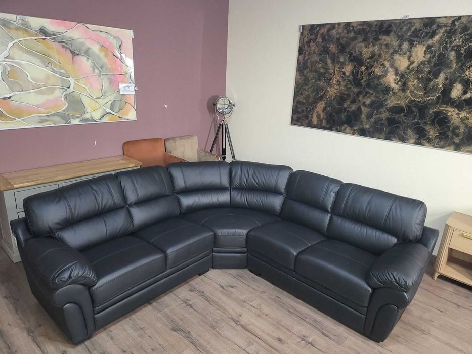 Черен кожен ъглов диван