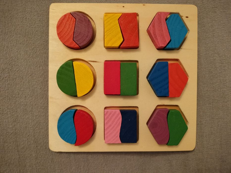 Puzzle incastru lemn forme geometrice și vehicule