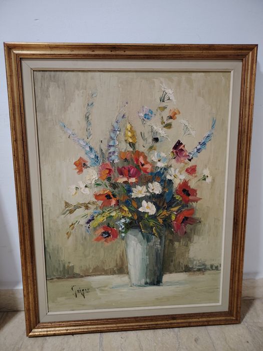 Pictură veche  deosebita în cutit  ulei reprezentând un buchet de flor