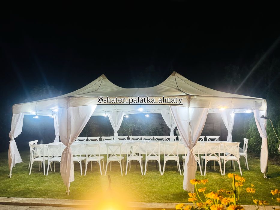 Шатер стол стулья посуда газон баннер