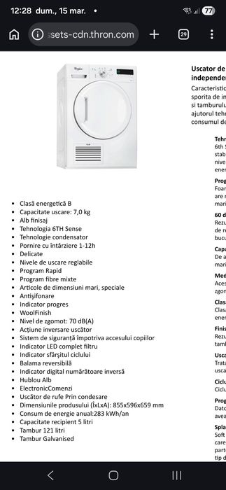 Uscator de rufe Whirlpool model DDLX 70110