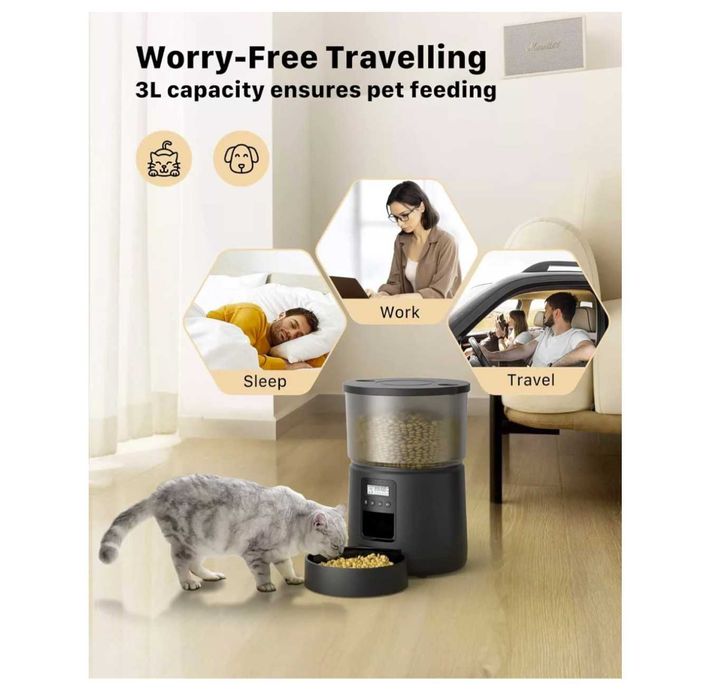 Dozator automat hrana BEMOONY 3L – 1-6 mese/zi – Inregistrare vocala