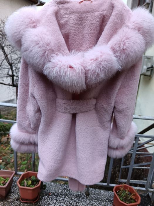 Палто алкантара с естествен косъм от лисица